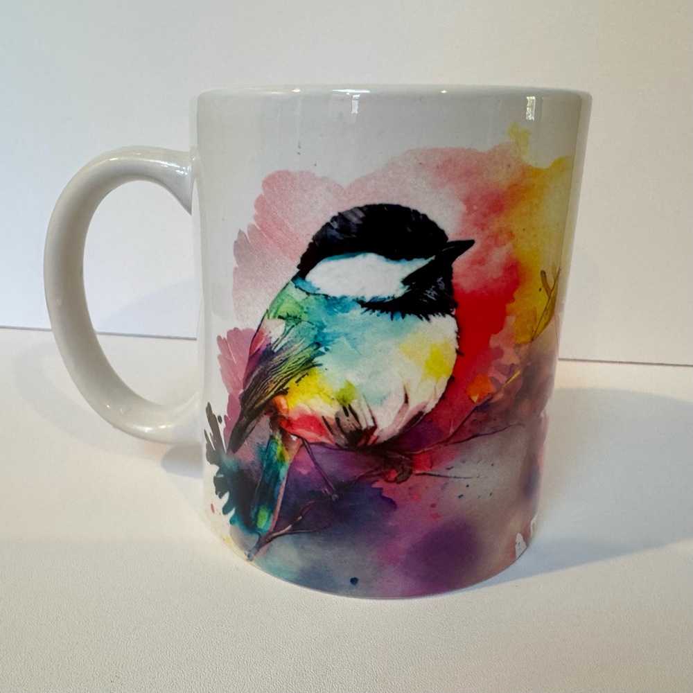 Coffee Mug 12 oz sublimated chickadee pattern